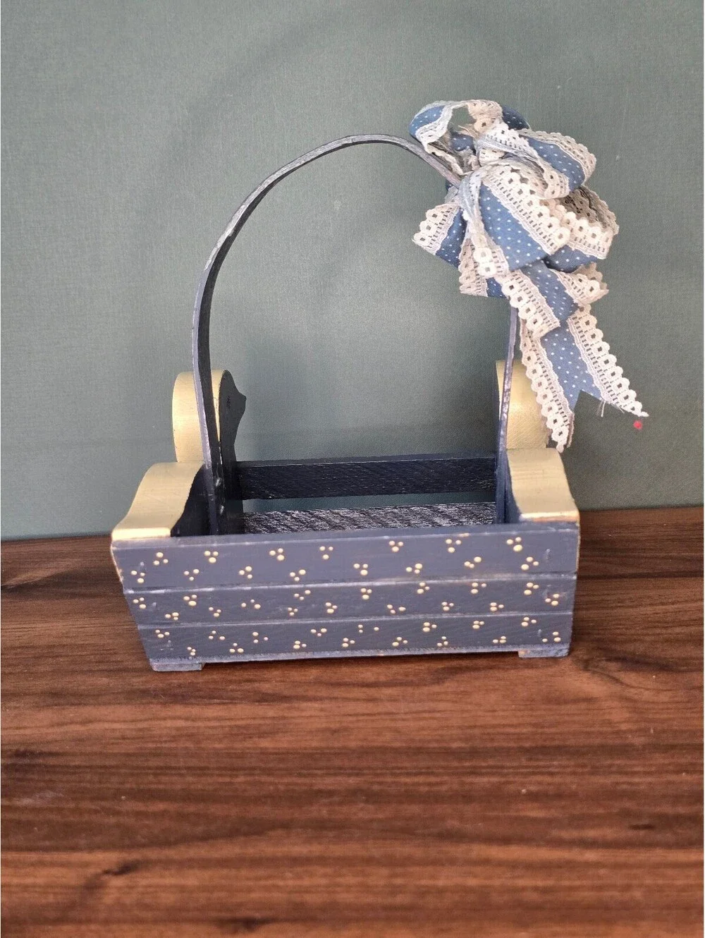 Vintage Wooden Duck Basket Blue Hand Painted Farmhouse Decorative Trug
